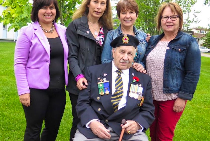     Comrade Merrill Reid, the last remaining veteran in Buchans attended the Memorial Day Service in Buchans with four of his daughters – Sheila Cooper, Judy Jackman, Bonnie Chaffey and Gail Wahl. Reid served aboard the HMCS Cayuga during the Korean War.                           
