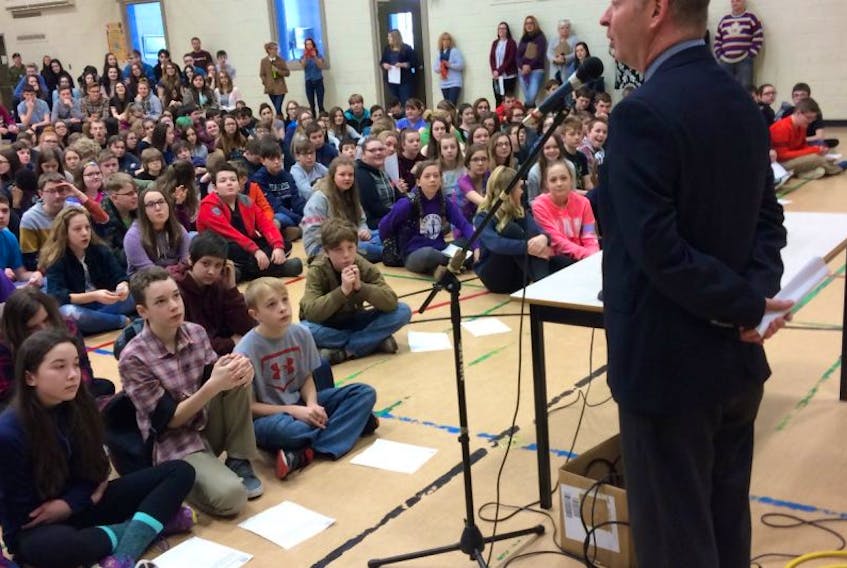 Education Minister Dale Kirby spoke to Exploits Valley Intermediate students prior to their Career Day on Friday.