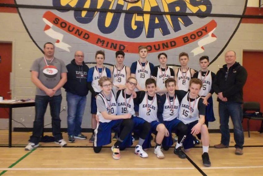 The Exploits Valley Intermediate Grade 9A boys’ team won silver in Tier 3 at the Clarenville High Cougar Classic this past weekend against senior teams. Team members, pictured, front, from left, Colin Murphy, Ethan Lush, Devin Parsons, Jacob Moore, and Colin O'Driscoll; back from left, Coach Nathan Sullivan, Assistant Coach Mark O'Driscoll, Christian Smith, Colton Conners, Adam Lockyer, Steven Mercer, Sevan Steele, Nick Greening, and Teacher Sponsor Edgar Power.
