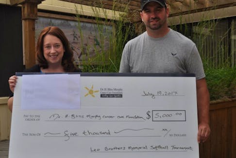 Lynette Hillier, left, Dr. H. Bliss Murphy Cancer Care Foundation executive director, accepts a cheque from Rob Canning, one of the organizers of the annual Leo Brothers Memorial Softball Tournament.
