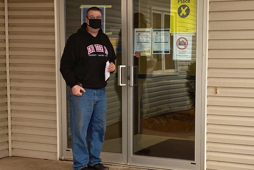 Wayne Tremblay of Charlottetown gets ready to enter the District 10 Charlottetown-Winsloe byelection advance voting location at the Community Baptist Church on Saturday. Advance voting will also take place Monday and Friday from 9 a.m. to 7 p.m. at the same location. Election day is Monday, Nov. 2. Voters are asked to bring and wear masks when in the building. Masks will also be available for those needing one. Other COVID-19 protection procedures are in place. 
