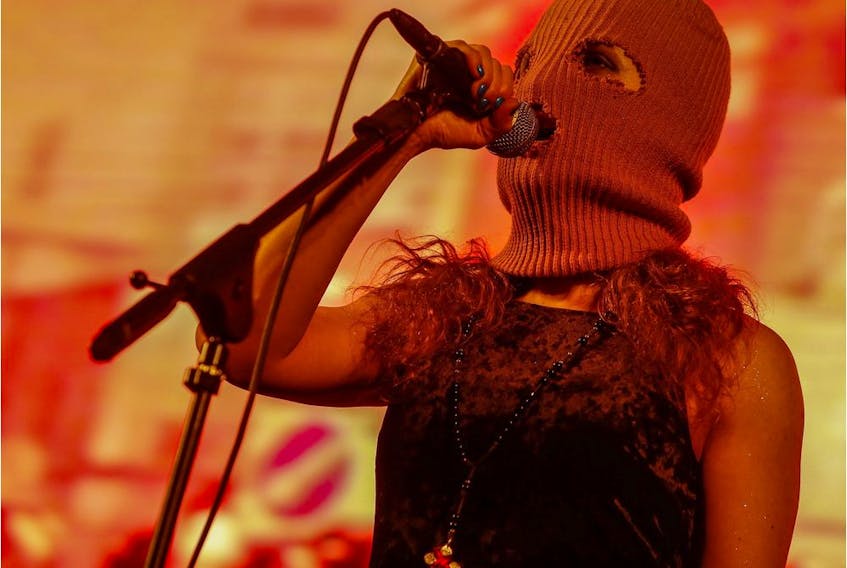 Pussy Riot punk band member Maria Alyokhina performs on the stage during the Uncensored Festival in Sao Paulo, Brazil.