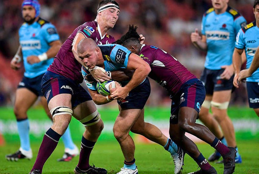 Action from a Super Rugby match between the Queensland Reds and NSW Waratahs at Suncorp Stadium in Brisbane on Feb. 19, 2021. It's unclear whether rights to the matches will get picked up in Canada.