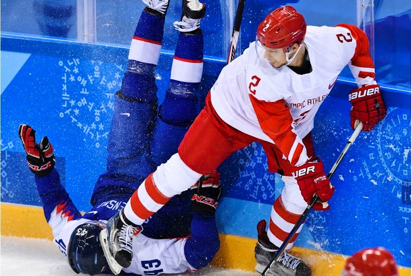  Files: Artem Zub, right, in action with Russia’s team against Slovakia in the 2018 Winter Olympic Games.