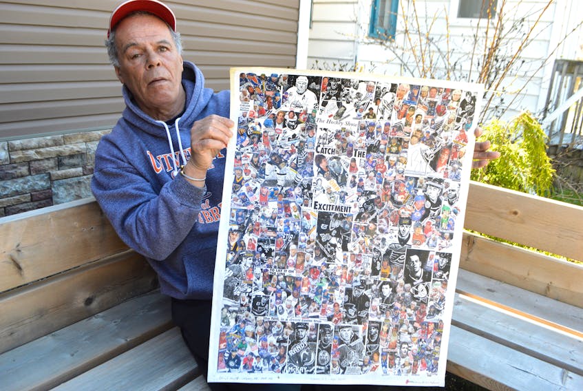 Cecil Hoyte, 67, of Sydney with the latest of his 130 hockey collages he has created over the years. A hobby which started in 1985 to make money fast has turned into a lifelong passion. Sharon Montgomery-Dupe/Cape Breton Post