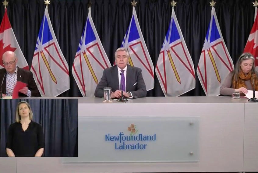 The Thursday COVID-19 briefing was attended by (from left) Health Minister Dr. John Haggie, Premier Dwight Ball and Chief Medical Officer of Health Dr. Janice Fitzgerald. Inset photo shows sign language interpreter Heather Crane. SCREEN GRAB