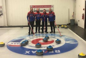 It would quite the feat if a rink scored a maximum eight-ender in a game in the Tankard provincial men’s curling championship this week at the Re/Max Centre, but that’s what the team of (from left) Steve Routledge, Andrew Taylor, Steve Bragg and skip Mark Noseworthy did earlier this month in their club playdowns on the Re/Max ice. Noseworthy, who has skipped four provincial men’s title-winners, will seek his fifth in the 2020 Tankard beginning today. — Submitted.
