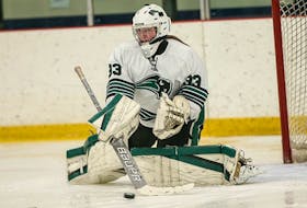 Julia Carroll of Albert Bridge is shown in the crease for Nichols College Bison in her freshman year during the 2019-20 campaign. The 19-year-old did return to Dudley, Mass., this year for school, however, the hockey season has been delayed until at least Feb. 1. PHOTO SUBMITTED