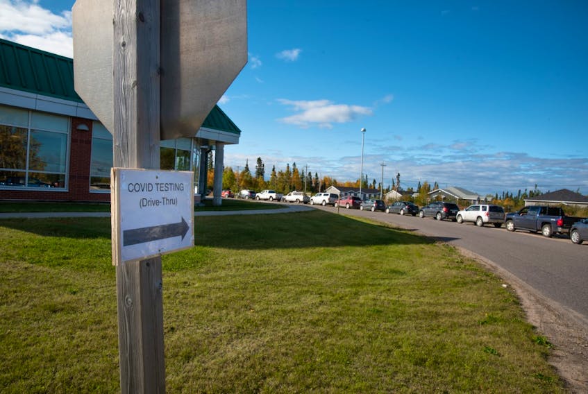 Happy Valley-Goose Bay saw a long lineup of cars at the COVID-19 testing centre Thursday after a warning was issued by public health of possible exposure in two local stores. (Photo by Shawn Rivoire/Special to The Telegram)