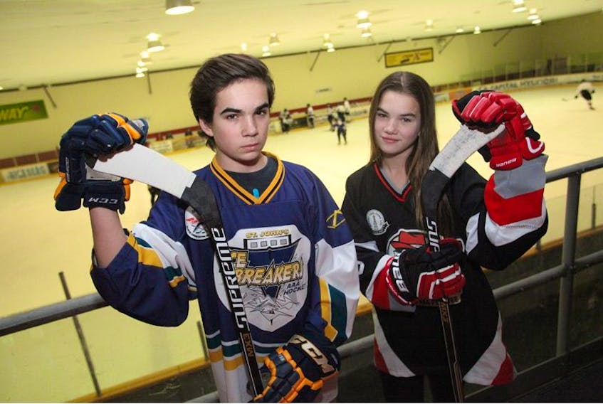 Brother and sister Alex (left) and Abby Newhook play for St. John’s teams in the new AAA provincial hockey leagues. Alex leads the bantam circuit in scoring heading into this weekend’s games while Abby is among the top 10 in scoring for the peewee league.
