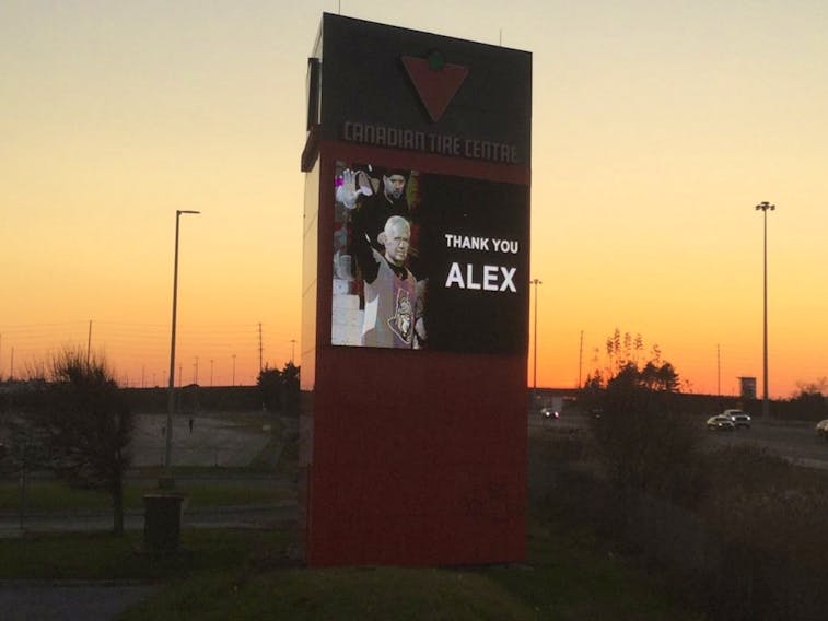 The message board outside the rink from sunset Sunday night honouring Alex Trebek.