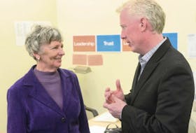 Former federal NDP leader Alexa McDonough chats with P.E.I. NDP leader Mike Redmond on April 28, 2015.