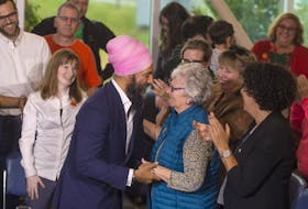 Federal NDP leader Jagmeet Singh speaks with longtime MP and former NDP leader Alexa McDonough after he arrived for a town hall-style meeting at the Nova Scotia Community College - Institute of Technology Campus on Monday afternoon.
