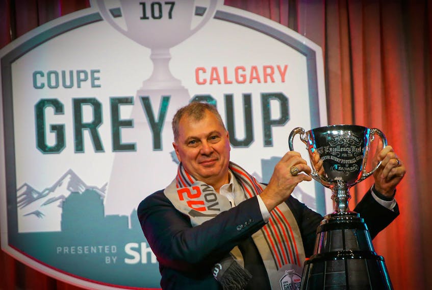 CFL Commissioner Randy Ambrosie addresses the media with his State of the League news conference during the 107th Grey Cup in Calgary on Nov. 22, 2019.