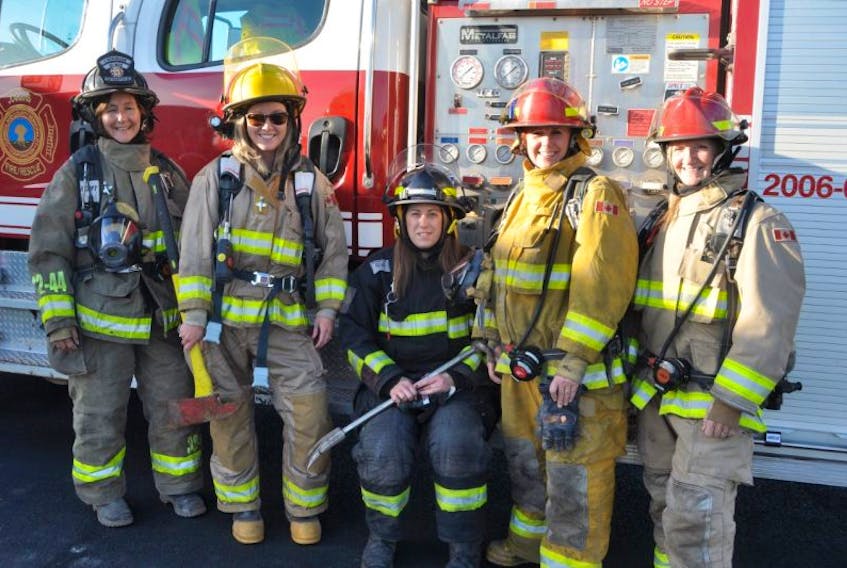 Ten per cent of firefighters in the Municipality of Cumberland County are female, including (from left) Carissa Atkinson of Southampton, Stephanie Small of Truemanville, Heather Melanson of Joggins, Andrea Bishop of Collingwood, and Kathleen Betts of Pugwash.