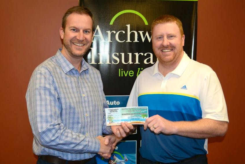 Cayne Amos, right, sells a Trip Giveaway ticket to Michael Stack at Archway Insurance in Amherst. Money raised from ticket sales will allow 25 youth to take up the game of golf this coming summer, and four people to take trips next winter. Youth applying for the golf program will be selected in a random draw.