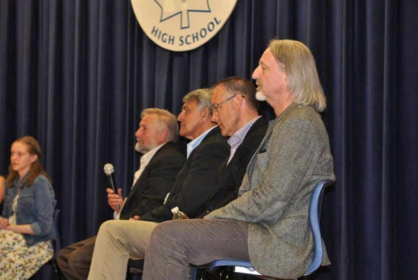 Cumberland South provincial election candidates (from left) Larry Duchesne of the NDP, Larry Harrison of the Progressive Conservatives (sitting in for candidate Jamie Baillie), Liberal candidate Kenny John Jackson, and Atlantica Party candidate Michael “Thor” Lengies took part in a forum at Parrsboro Regional High School on Thursday, May 25.
