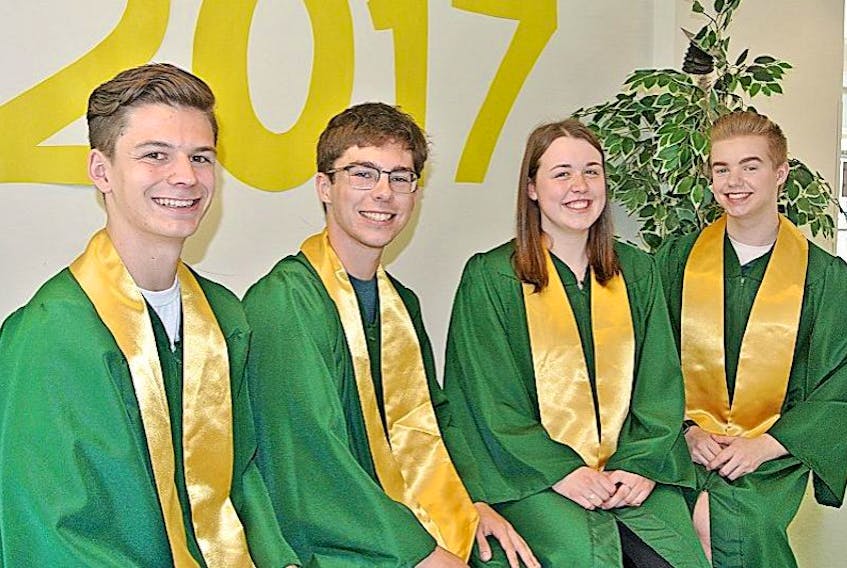 Members of the Class of 2017 at Amherst Regional High School, including (from left) Liam Starratt, Adam Gaudet, Emma Taylor and Tyler Buchanan, were set to cross the stage at the high school on Thursday night to accept their diplomas and begin a new chapter in their lives.
