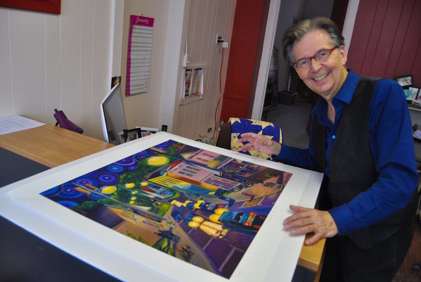 Parrsboro Creative executive director Robert More looks over A Starry Night in Parrsboro, the Joy Laking painting that kicked off the Cumberland County Art Bank program in 2016.