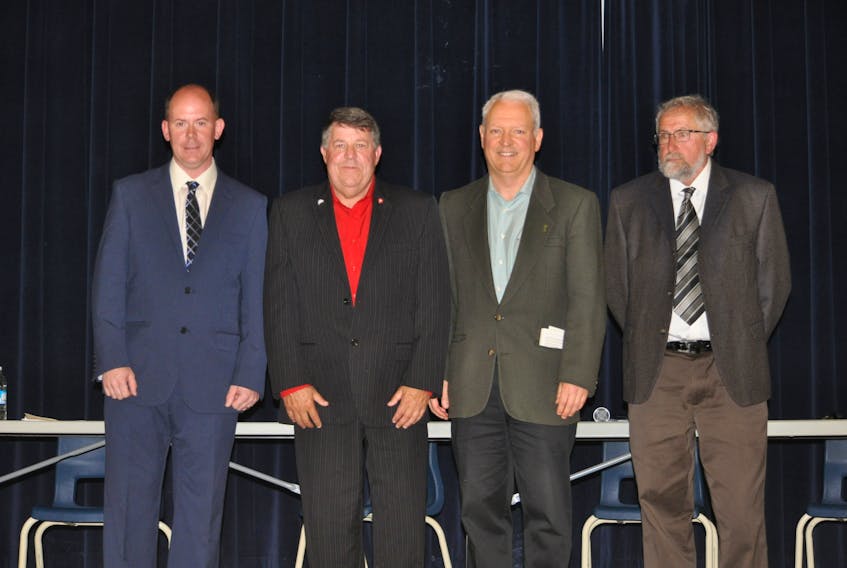 Four candidates in the upcoming June 19 Cumberland South by-election met in a forum hosted by the Parrsboro and District Board of Trade at Parrsboro regional High School on June 6. (from left) PC candidate Tory Rushton, Liberal candidate Scott Lockhart, Green Party candidate Bruce McCulloch and NDP candidate Larry Duchesne.