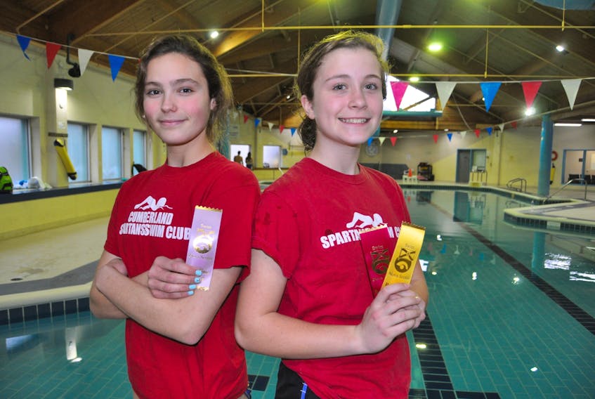 Lauren Millard (left) and Olivia Bacon had a successful showing for the Cumberland Spartans at their first age group meet of the year in Greenwood recently.