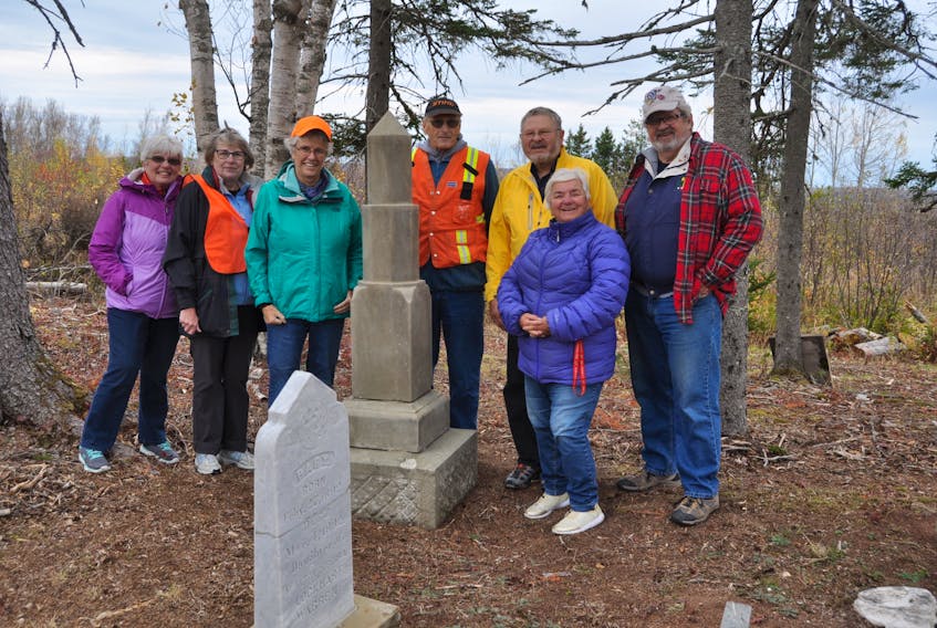 Members of the Mattinson Hansford Family Cemetery Society welcomed board members of the W.B. Wells Heritage Foundation to their cemetery off Hansford Road last week. Among those on hand were (from left) Raelene Nash, Jill Mattinson, Nan Armour, Dave Hull, Morris Haugg, Pam Harrison and Ian MacLean.