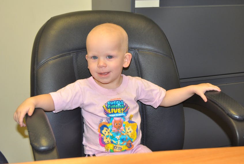 Eighteen-month-old Hazel Rhindress is back in Amherst after being in Toronto for chemotherapy at the Sick Kids Hospital for the past several months. She has retinoblastoma, a rare form of cancer that develops in the eye, almost exclusively to young children.