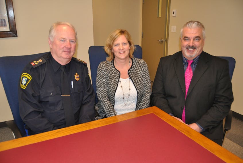 Members of the Amherst Police Department have received new training on how to deal with victims of sexual assault trauma. On hand for the two-day workshop were (from left) Amherst Police Chief Ian Naylor, Susan Wilson, provincial coordinator of the SANE program, and Mark Hobeck, public safety and policing services consultant with the department of justice.