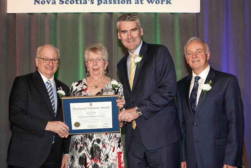 Janet Tattrie was recognized as the Town of Oxford’s volunteer representative of the year during the recent provincial awards banquet in Halifax, receiving her certificate from (from left) Lt.-Gov. Arthur LeBlanc, Premier Stephen McNeil and Communities, Culture and Heritage Minister Leo Glavine.