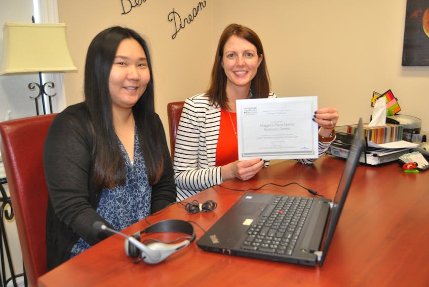 Hee Yeon Son (left) and Sarah MacMaster of Maggie’s Place are happy to offer the family resource centre as a local site for anyone wishing to take the Canadian Language Benchmark Placement Test.