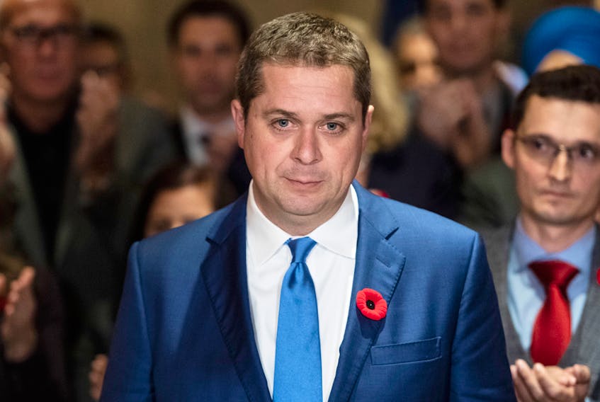 Conservative leader Andrew Scheer speaks to reporters following a caucus meeting on Parliament Hill in Ottawa on Nov. 6, 2019.