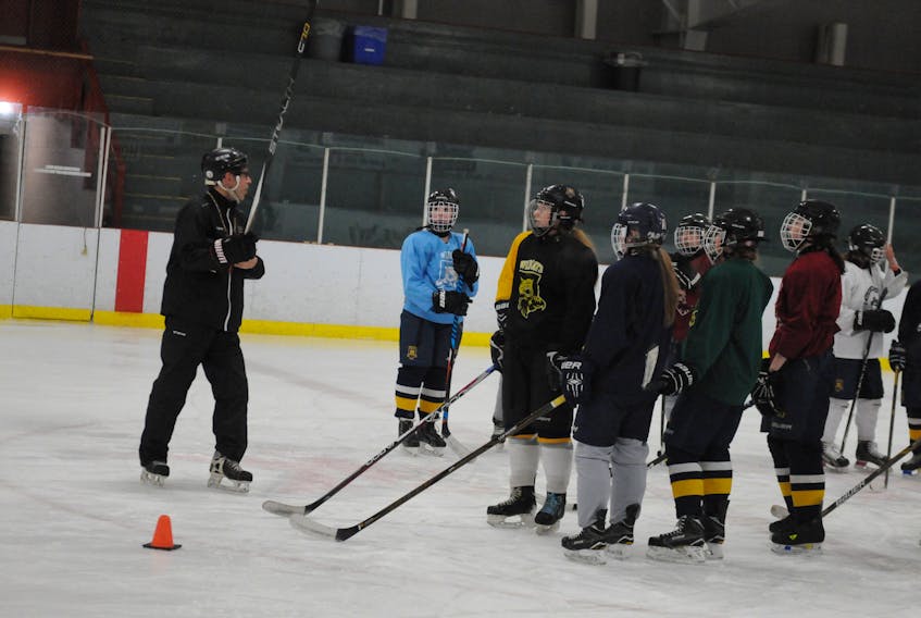 Head coach Kevin Andrews explains a drill to the Mid-Isle Wildcats’ midget AAA female hockey team during a practice at Community Gardens in Kensington in April 2017.