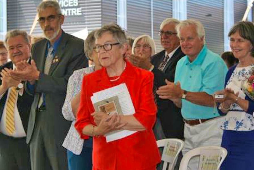 Dr. Anita Foley speaks in front of the new Dr. Anita Foley Health Services Centre, part of a renovation project at Guysborough Memorial Hospital, during a July 2016 dedication ceremony. Foley died May 25 at St. Martha’s Regional Hospital. Contributed