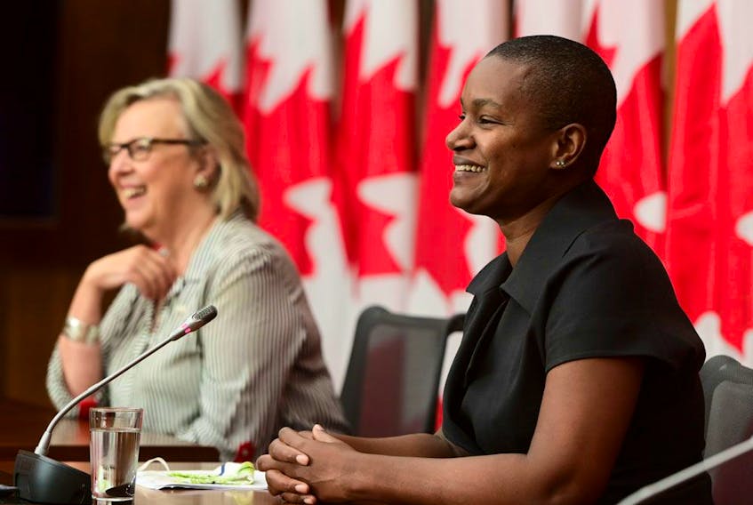New Green Party Leader Annamie Paul holds a press conference alongside Green Party government house leader Elizabeth May in Ottawa on Oct. 5, 2020. 