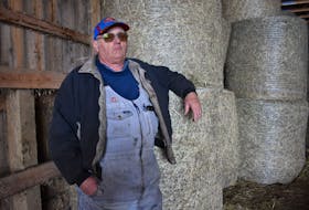 Annapolis Valley farmer Gordon Jackson leans on a stack of round bales in a large barn housing fewer bales than he’d typically like to see in storage around this time of year. He’s noticed that hay is harder to come by after a spike in demand followed some challenging growing seasons. – Ashley Thompson