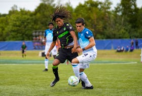 

HFX Wanderers FC's Mateo Restrepo fends off a York9 FC player during Saturday's Canadian Premier League game in Charlottetown. (CANADIAN PREMIER LEAGUE)