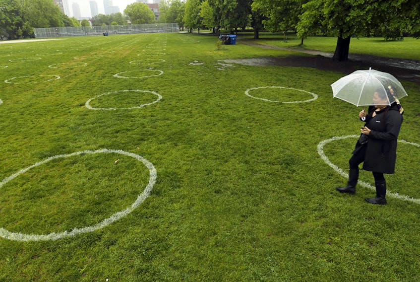 The City of Toronto has painted physical distancing circles at Trinity-Bellwoods Park. Two to three people can use the circles at once, city officials said.