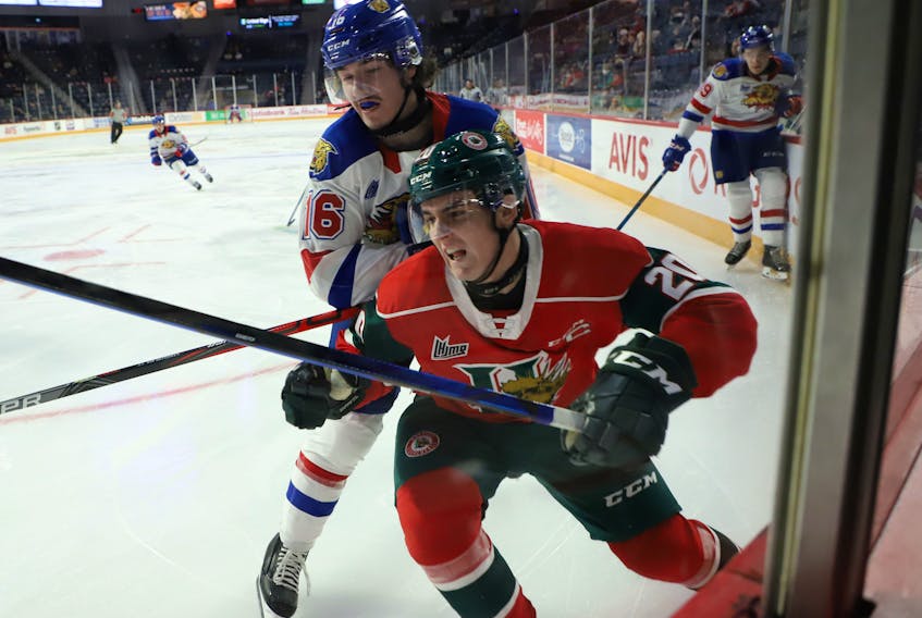 Moncton Wildcats forward Francis Langlois collides with Halifax Mooseheads defenceman Justin Barron during an October 29, 2020 QMJHL game at the Scotiabank Centre. - Tim Krochak 
