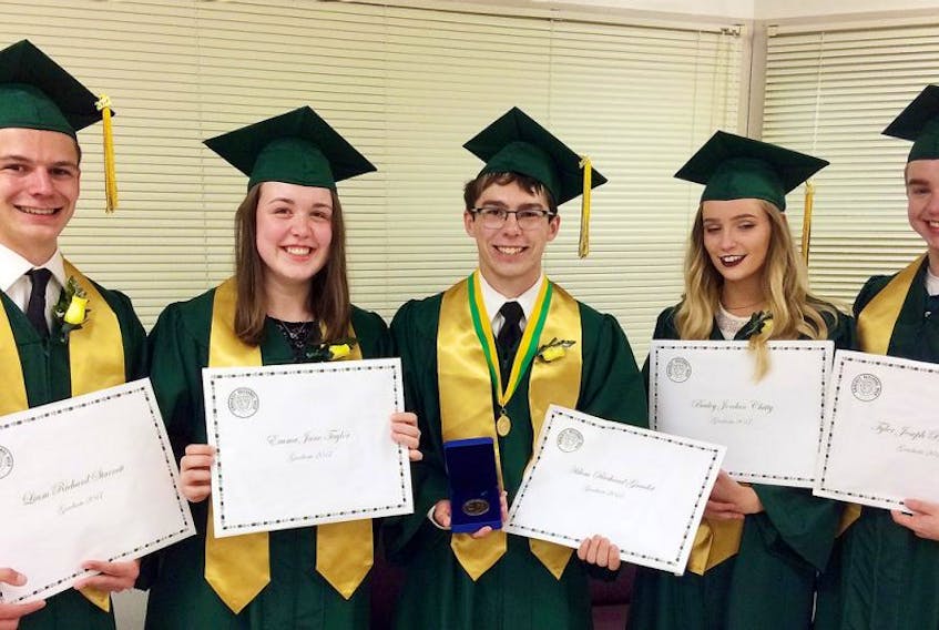 More than $350,000 in scholarships, bursaries and awards were presented to the members of the Class of 2017 at Amherst Regional High School on Thursday. Among the major award winners were: (from left) Liam Starratt, Emma Taylor, Adam Gaudet, Bailey Chitty and Tyler Buchanan.
