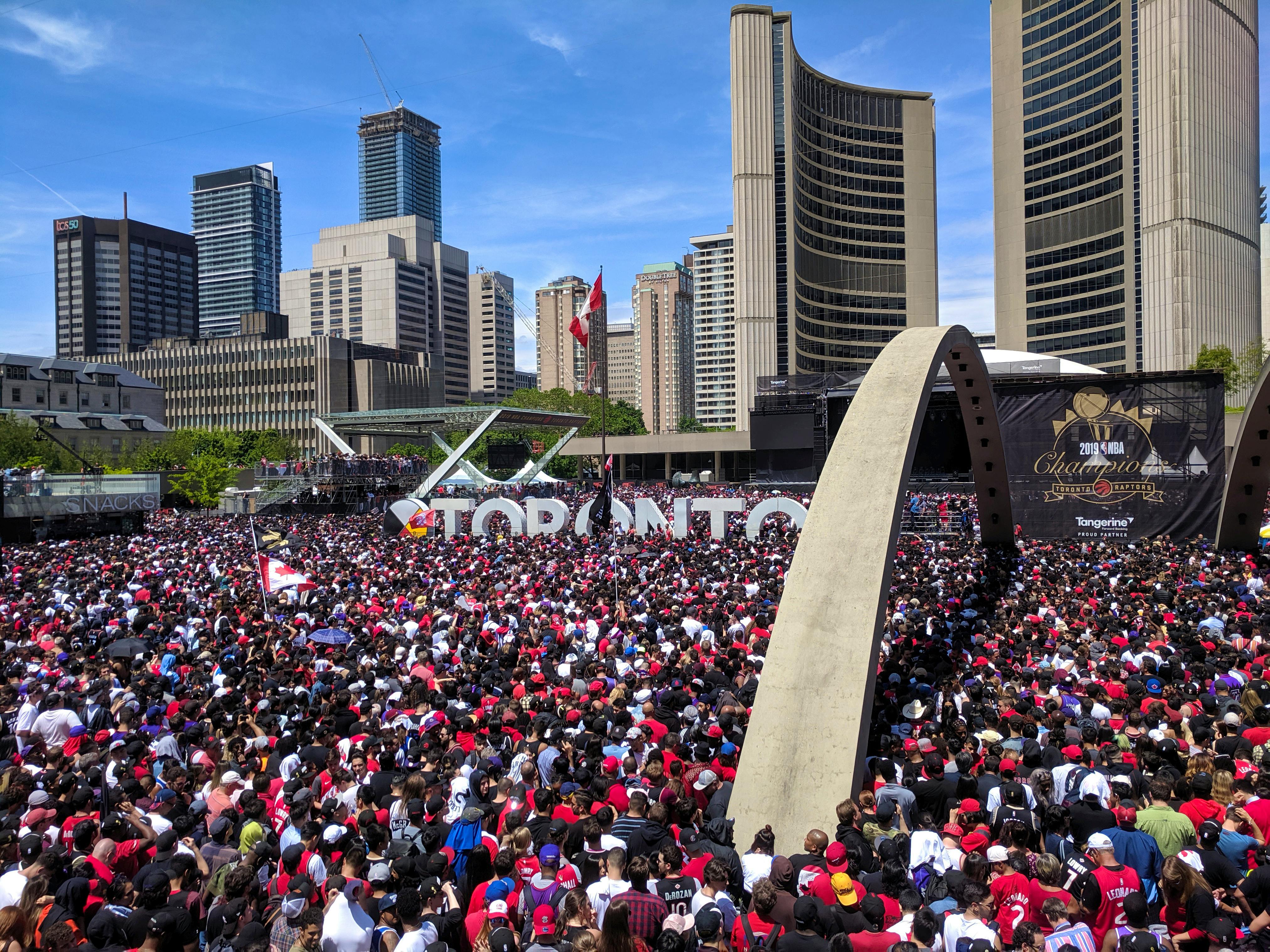 Picture of the 2019 NBA Champions logo on the bus as the Toronto Raptors  hold their victory parade after beating the Golden State Warriors in the NBA  Finals in Toronto. June 17