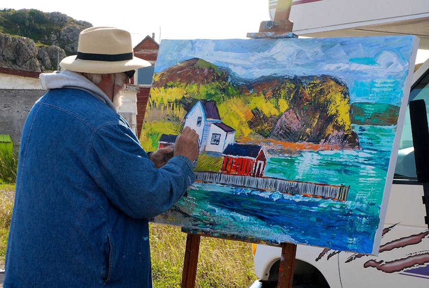 Clifford George works on a painting of Jenkins Cove during his recording session for the Art at the Gate Festival. Contributed photo