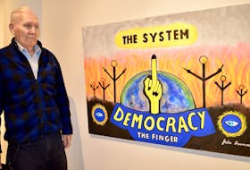 On display

Glace Bay artist John Lannon stands by one of his paintings, now on display at the Cape Breton University Art Gallery during the Proletariat exhibit, which ends today. The acrylic on canvas piece symbolizes democracy’s struggle during the time of dishonest politicians who don’t complete what the public votes them to do. Lannon’s work has been lauded for years both at home and internationally. CAPE BRETON POST
