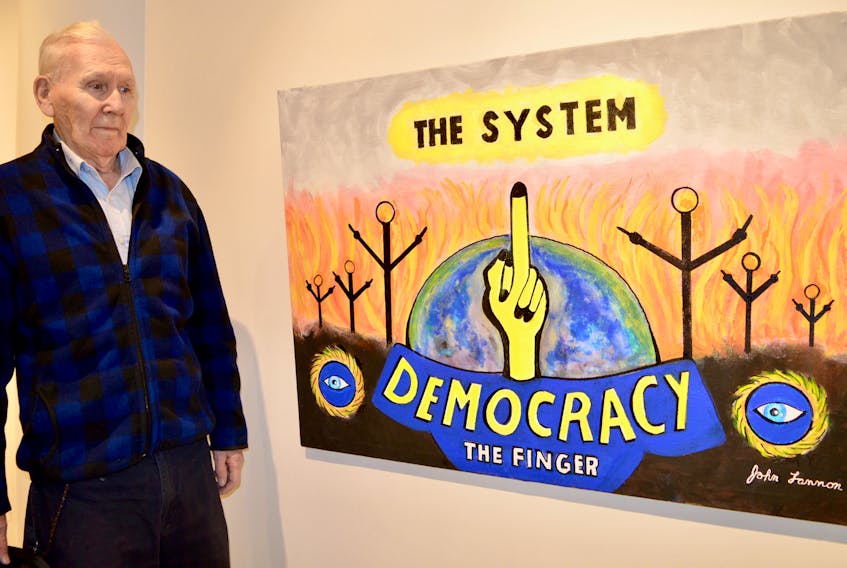 On display

Glace Bay artist John Lannon stands by one of his paintings, now on display at the Cape Breton University Art Gallery during the Proletariat exhibit, which ends today. The acrylic on canvas piece symbolizes democracy’s struggle during the time of dishonest politicians who don’t complete what the public votes them to do. Lannon’s work has been lauded for years both at home and internationally. CAPE BRETON POST

