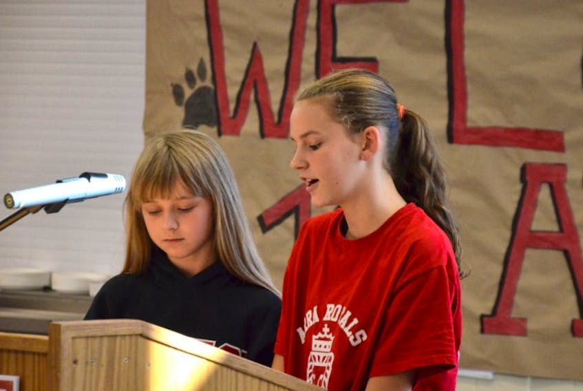Grade 7 students Karlee Milbury and Matilda Microys talked about the renovations at Annapolis West Education Centre, the transition to a Grade 6 to 12 school, and what the changes meant to them. They were part of a post-renovations opening ceremony Monday. More than $6.9 million was spent on the upgrades over the last few years.