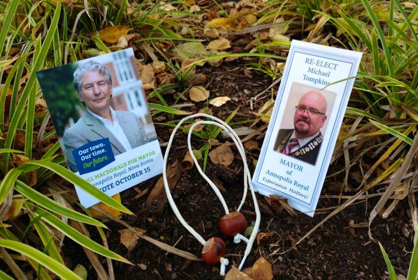 Incumbent Michael Tompkins, right, and challenger William MacDonald go head to head in a winner-take-all conkers contest Saturday, Oct. 15 at Historic Gardens.