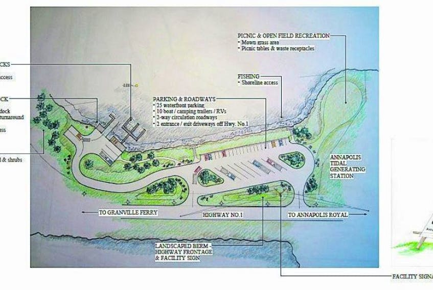 Achim Jankowski, a retired landscape architect who worked with Parks Canada, made this conceptual drawing several years ago and presented it to the Annapolis Royal Wharf Association. The group adopted the Annapolis Royal causeway marina concept which is included as part of its waterfront development strategy. Jankowski is a volunteer on the marina project that recently got a thumbs up from Annapolis County Council. The county could eventually take ownership.