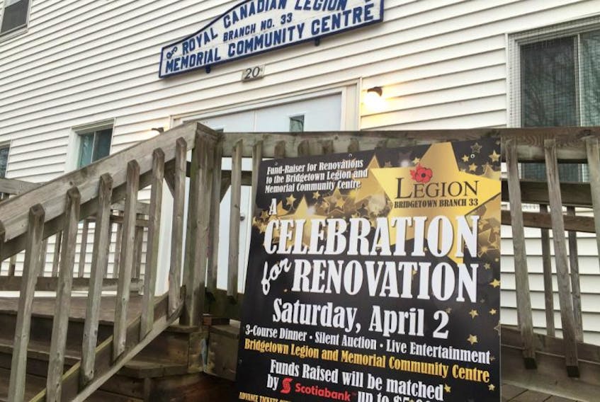 Royal Canadian Legion Branch 33 in Bridgetown is holding a gala Celebration for Renovation fundraiser on April 2. It includes a three-course roast dinner, silent auction, and musical entertainment. The goal is to raise funds to fix the roof.