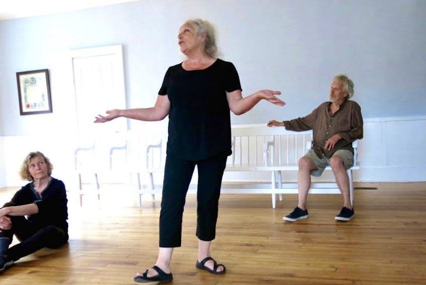 Pamela Barron, Sally O’Grady, and Tim Wilson at practice Lighted Rooms in Granville Ferry Hall. The production is set for Granville Ferry June 27 through 30 at 8 p.m. and Aug. 3 and 4 at the Rebekah Music Hall in Bear River.