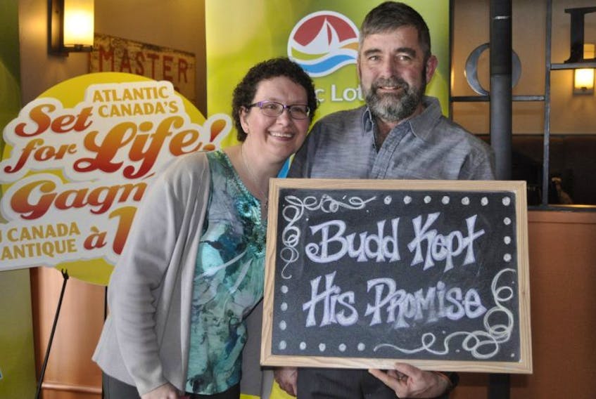 Debbie and Budd Hancock celebrate their lotto win in a March 22 event in Wolfville.