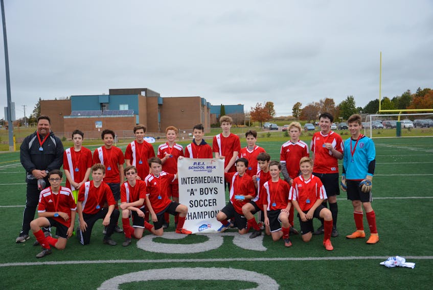 The Athena Hawks captured the P.E.I. School Athletic Association Intermediate A Boys Soccer League championship on Saturday. The Hawks defeated the Kensington Torchmen 1-0 in the gold-medal game at the Terry Fox Sports Complex in Cornwall. Team members of the Hawks are, front row, from left: Keegan MacDougall, Nate Drummond, Gavin Murphy, Daniel Ellis, Jake Campbell, Jaeger Gallant, Logan MacMillan and Damon Noonan. Back row, from left, are Scott Drummond (head coach), Ben Steeves, Ayden Johnson, Ian Schurman, Ian Sharpe, Bleron Sadiku, Brady Campbell, Aiden Rossiter, Andrew Thompson, Braedon McKenna and Cam Schurman. 